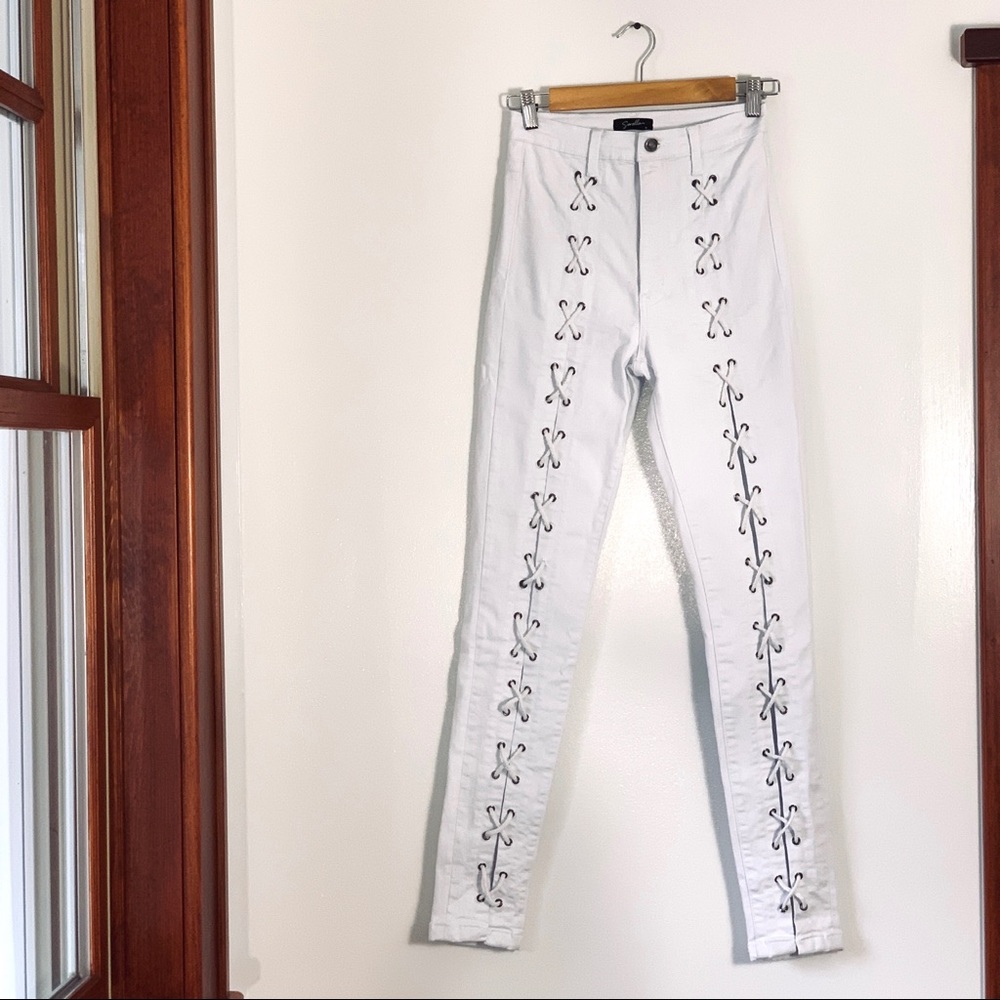 Sorella High Waisted Lace Up White Jeans